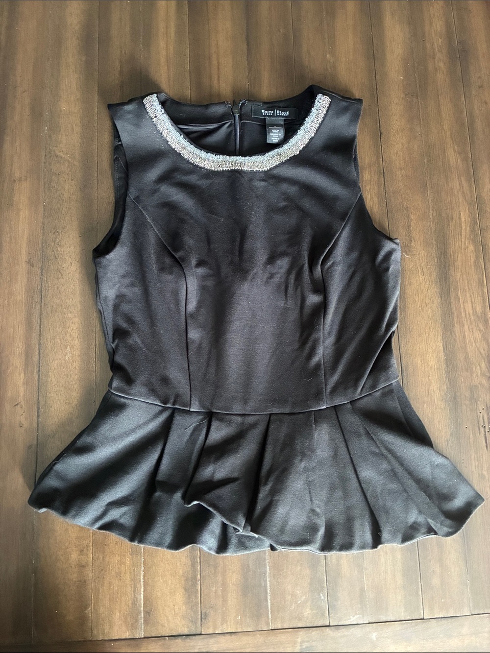 White House Black Market Black Sleeveless Peplum Top with Beaded Neckline